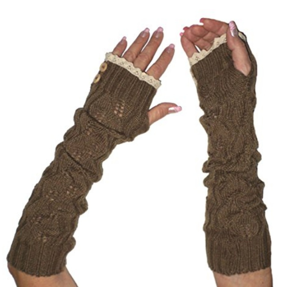 Button Lace Knit Fingerless Gloves Arm Warmers - Picture 3 of 6